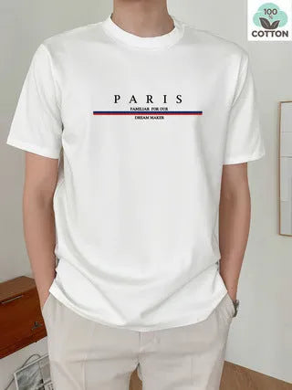 Man wearing a heavy loose-fit pure cotton T-shirt with a letter print on the chest in a casual setting.