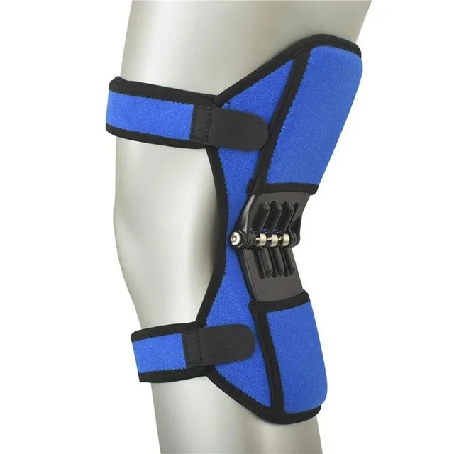 Adjustable black spring knee brace with straps and venting holes for sports support.