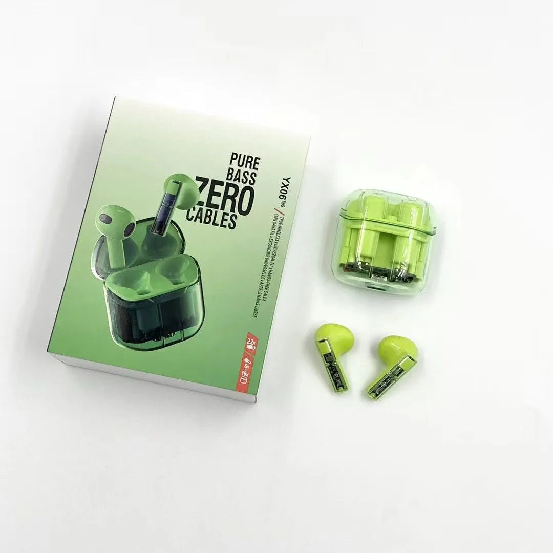 Wireless TWS headphones in multiple colours with transparent charging case.