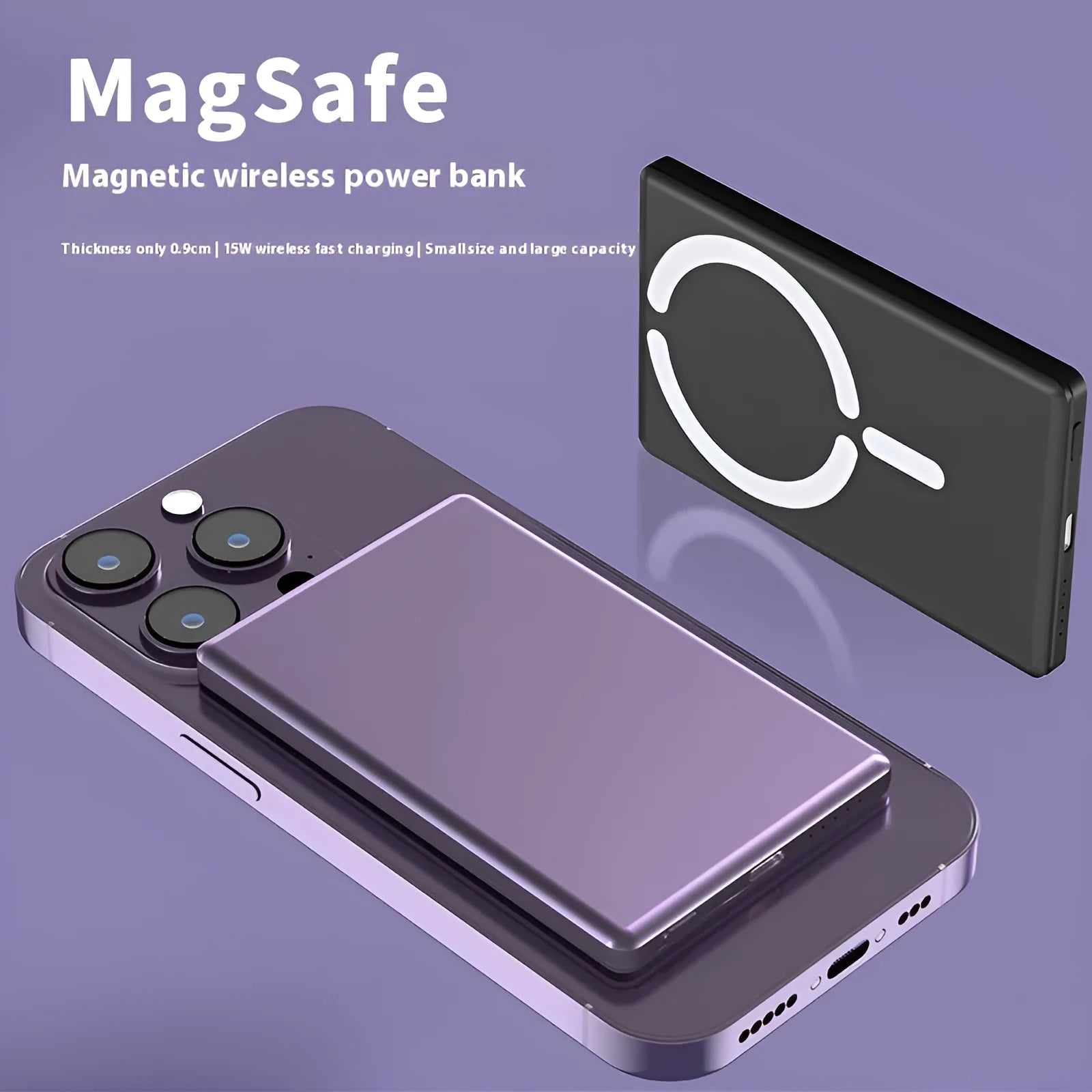 Ultra-thin magnetic power bank in dark grey, silver, black, or violet colours showing compact design