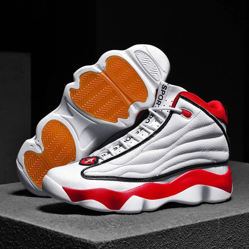 High-top basketball shoes with thick rubber soles and mesh upper in AJ13 colour options
