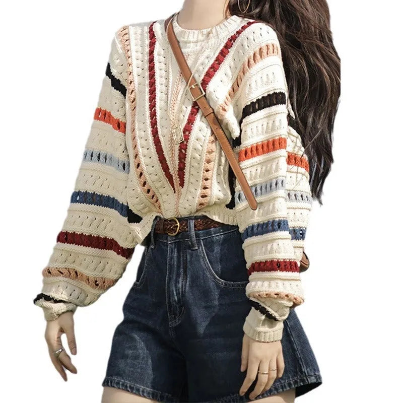 Rainbow striped batwing sleeve loose fit sweater with round neck in multi-colour retro design