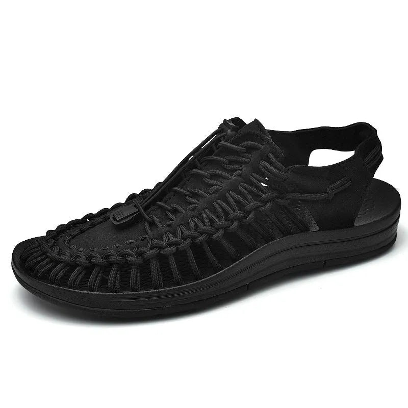Elastic drawstring woven sandals in rainbow colour with rubber sole and baotou front design