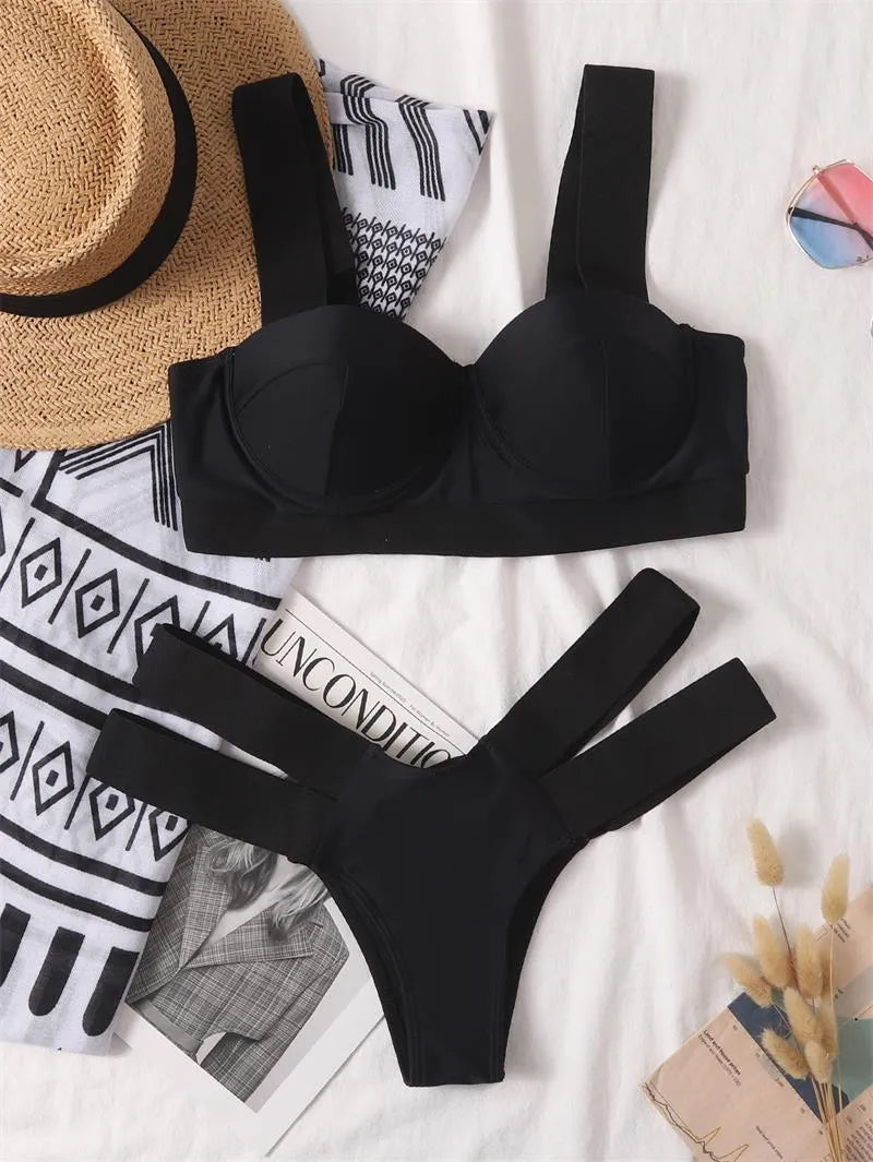 Women's contrast colour bikini swimsuit with steel bracket push-up top, shown in multiple colour options.