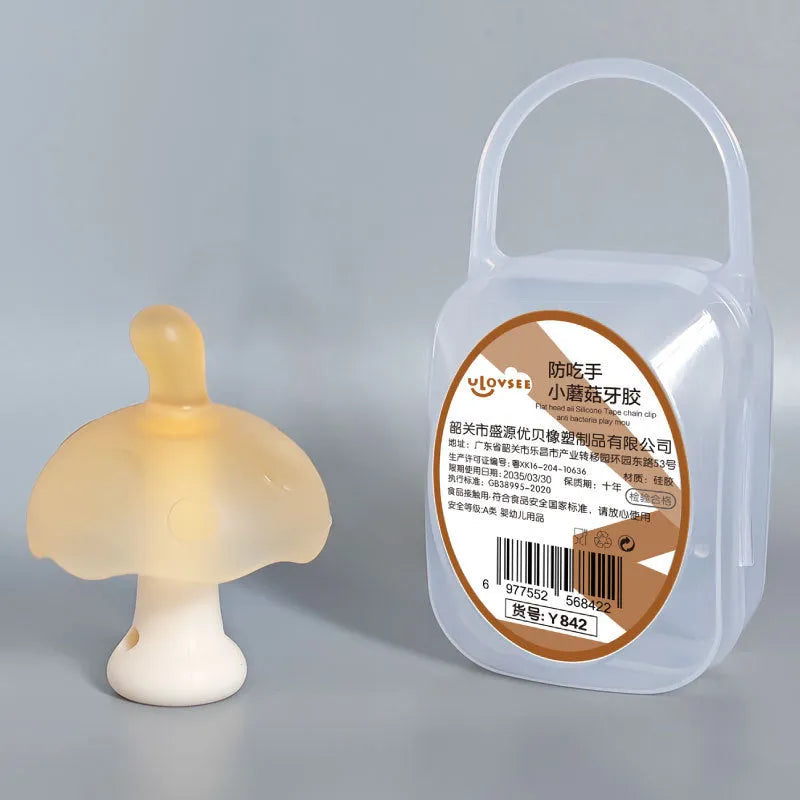 Small mushroom-shaped latex chewing gum with a transparent chain and storage box.