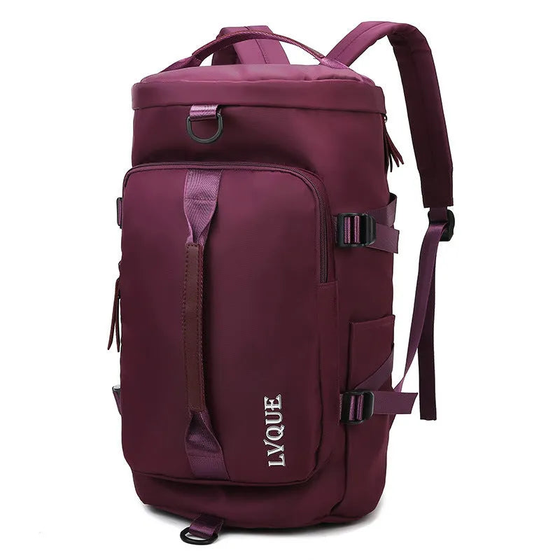 Black waterproof nylon backpack with combination lock, shown as a backpack and shoulder bag, featuring multiple pockets.