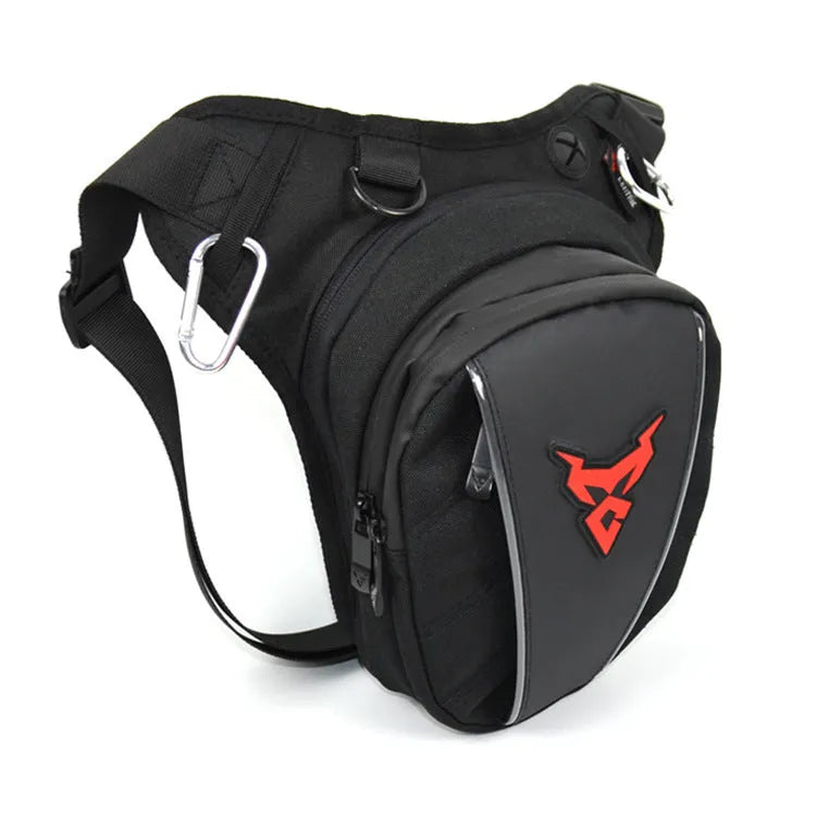 0105MC motorcycle leg bag in red, made from 1200D Oxford cloth, showing crossbody strap and 29cm size.