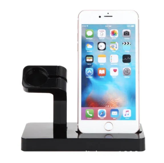 White 2-in-1 charging dock station holding an iPhone and an Apple Watch on a desk