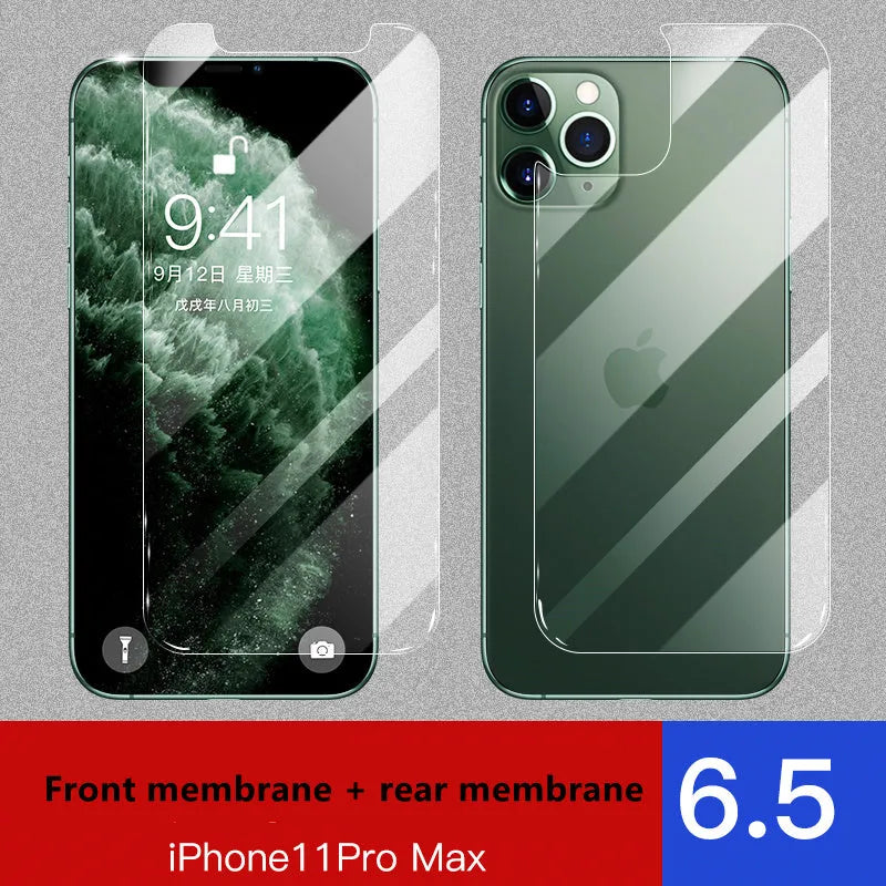 Tempered glass screen and rear camera protectors for Apple iPhone models on a white background.