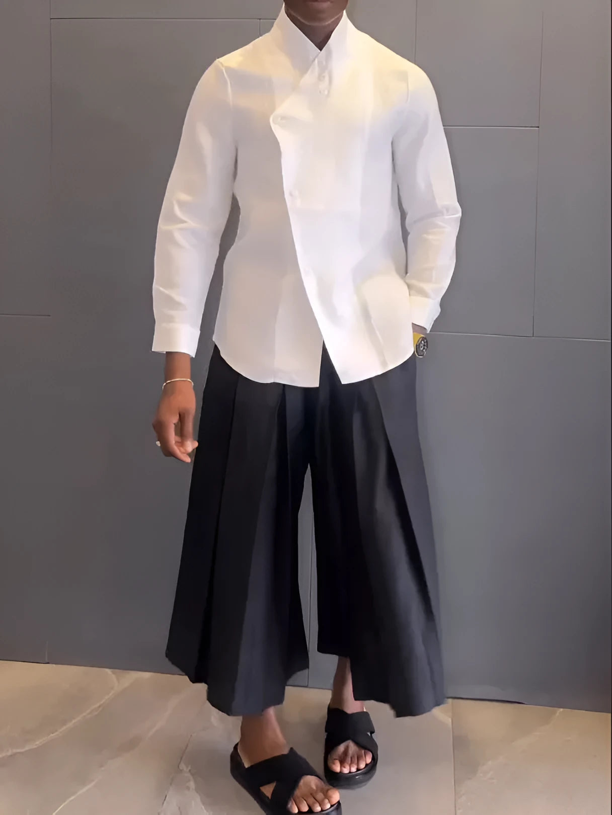 White asymmetric front shirt with black pleated pants women's co-ord set
