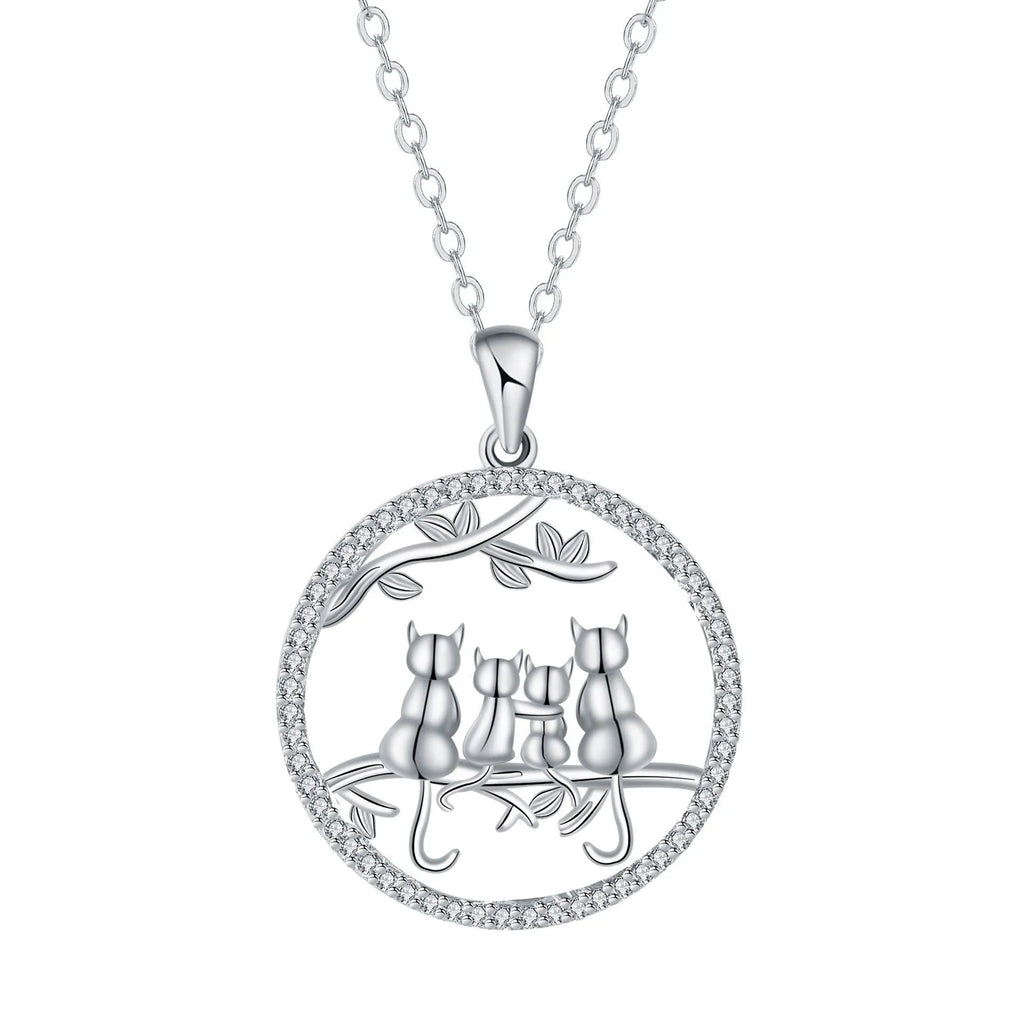 Women's necklace with four kitten pendant on copper cross chain, electroplated finish