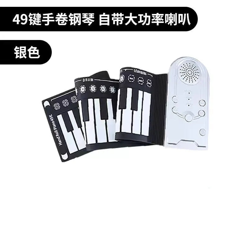 49 key roll up electronic keyboard in glossy black showing flexible silicone piano keys and portable folding design