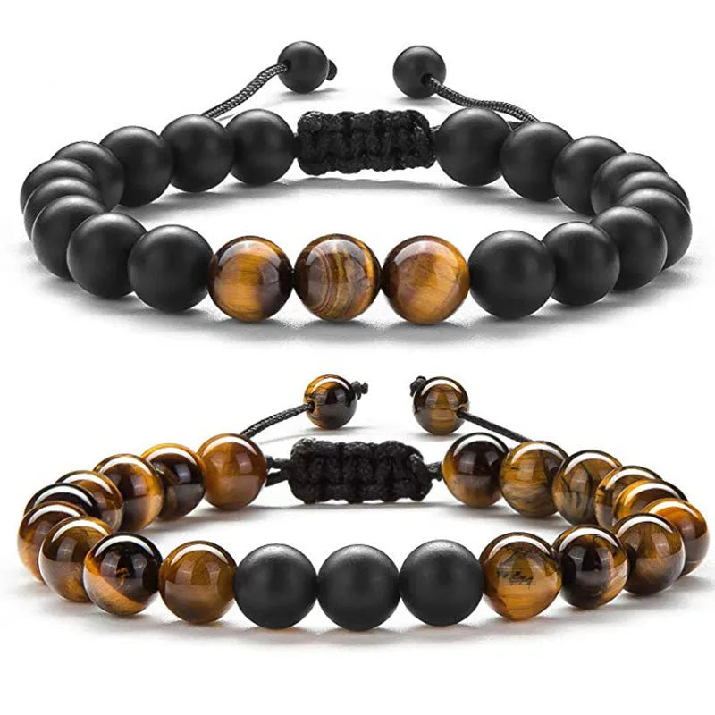 Geometric agate bead couple bracelets in tiger eye and matte black colours