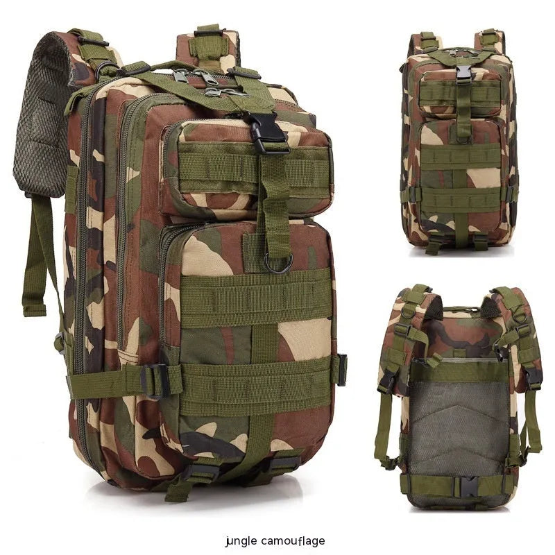 Large khaki coloured off-road hiking backpack with adjustable straps and multiple compartments.