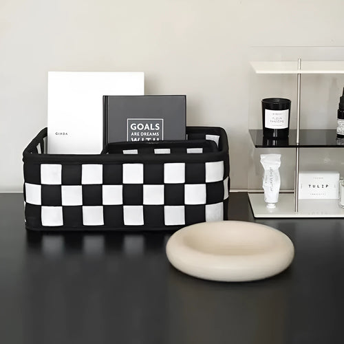 Grey checkerboard woven felt storage box with folded sides, showing 37cm length and 19.5cm height.