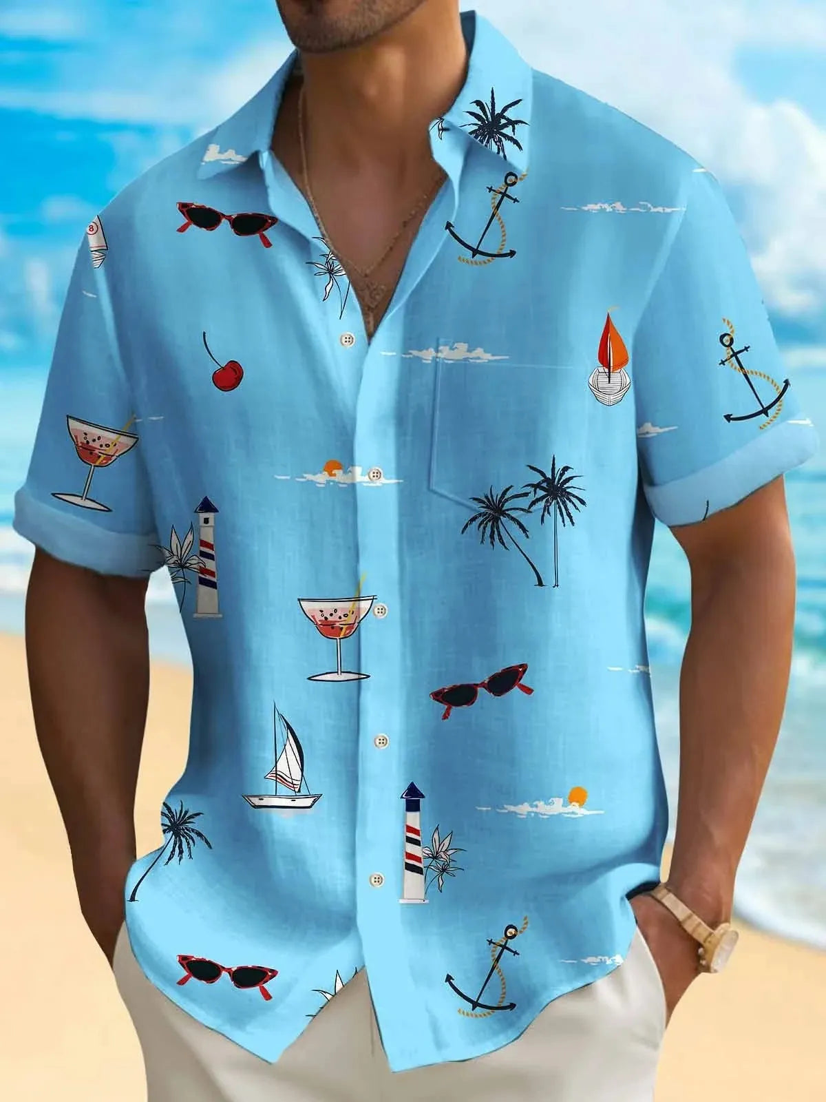 Man wearing a loose fit short sleeve shirt with a colourful digital Hawaiian print pattern.