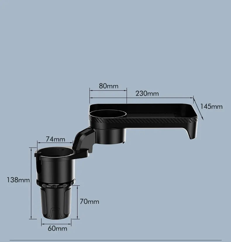 Black ABS plastic car dinner tray holder rotating in a vehicle cup holder.