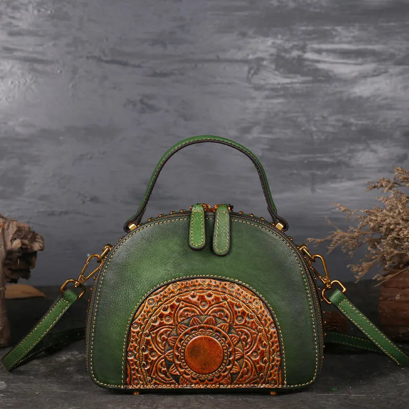 Vintage cowhide leather handbag with suede accents showing interior compartments including ID bag and mobile phone pocket