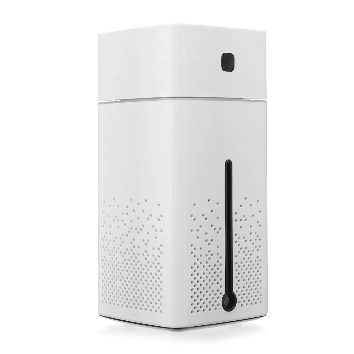 Black and white desktop humidifier measuring 103x103x218mm with USB connection port