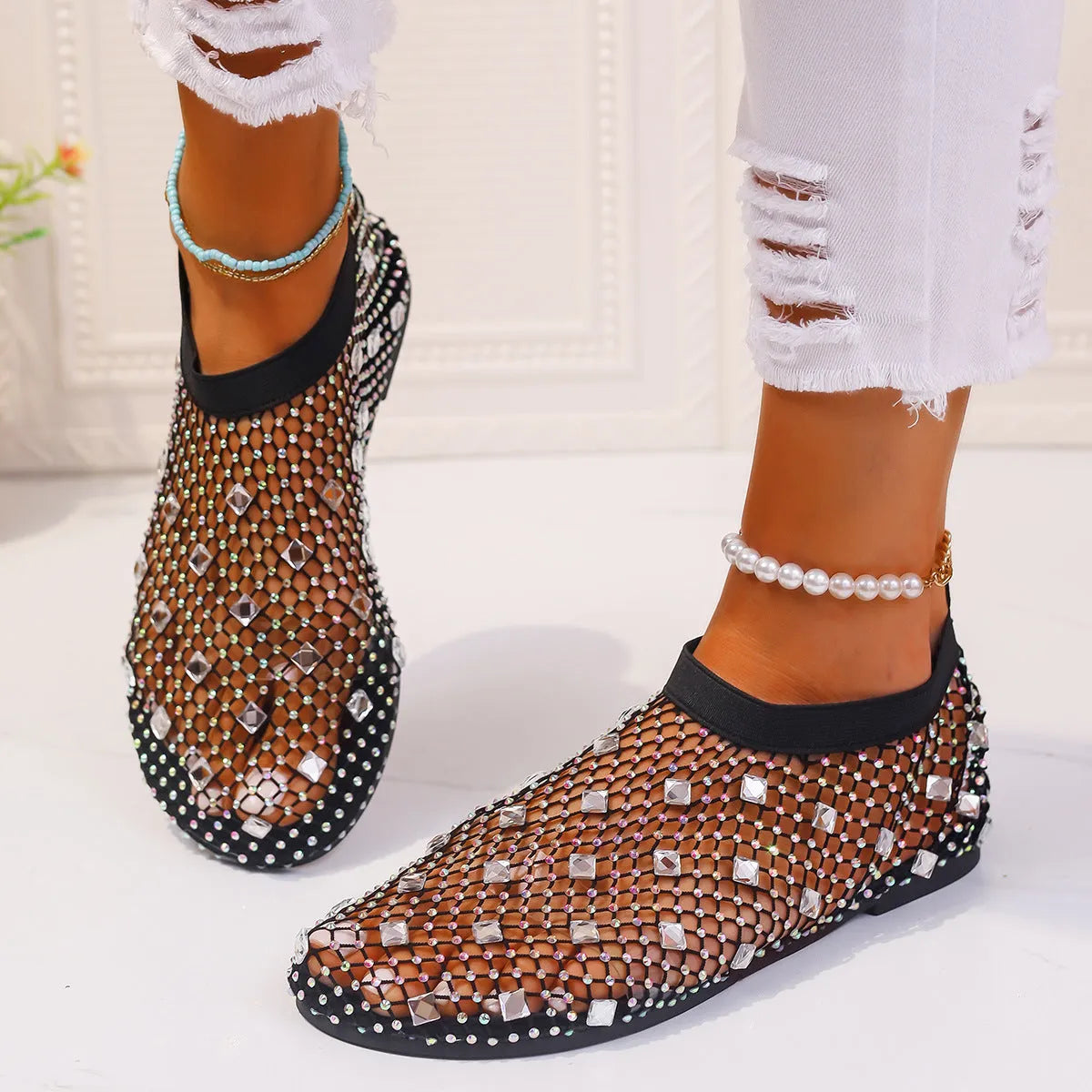 Women's colourful rhinestone mesh flat sandals with round toe and medium height upper