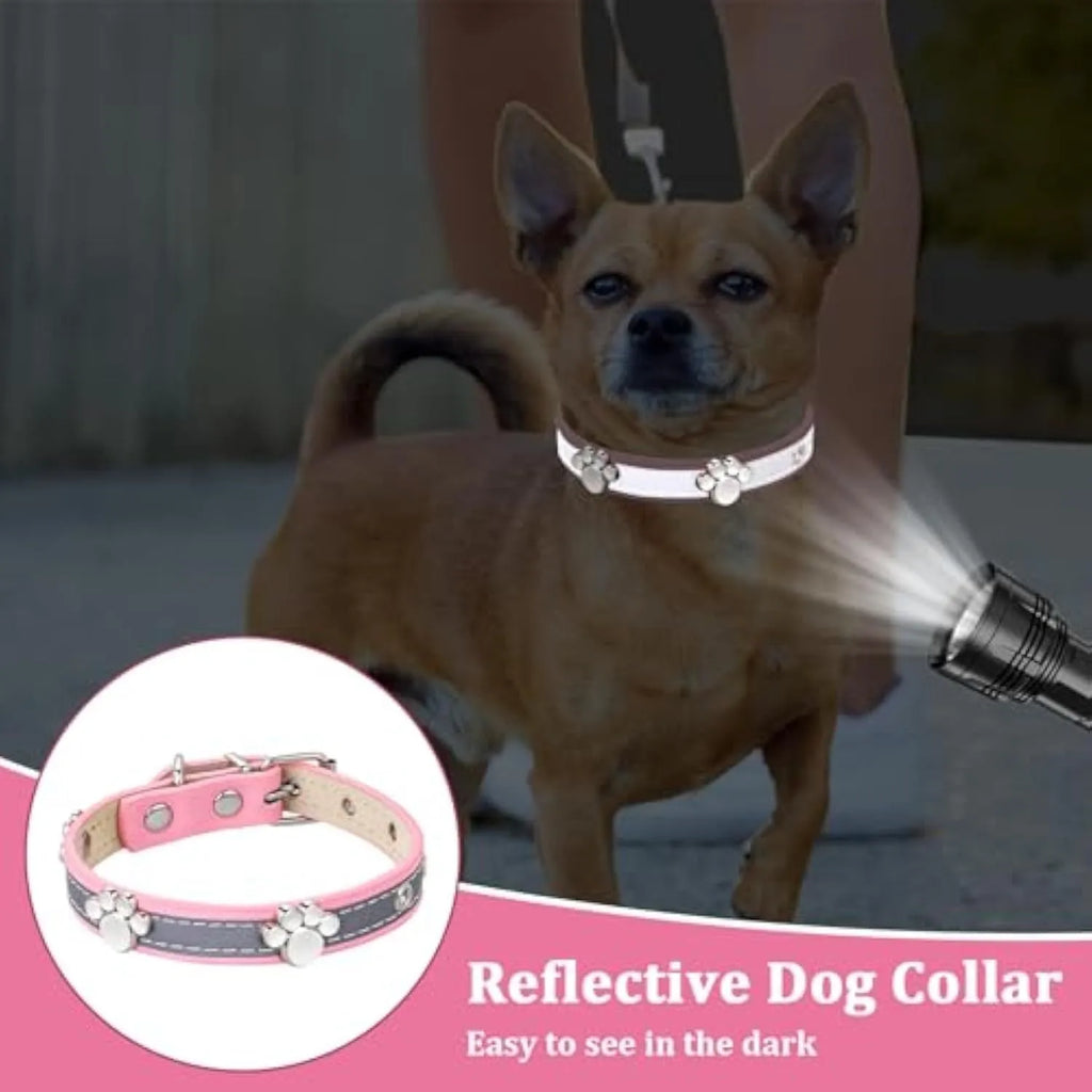Reflective soft PU leather dog collar with metal paw-shaped rivets and adjustable buckle on a size chart.