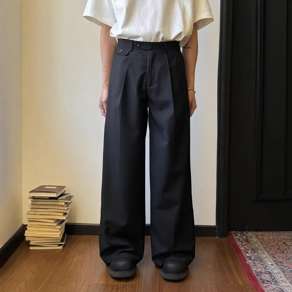 Men's straight-leg loose wide-leg trousers in chemical fibre blend fabric available in brown or black