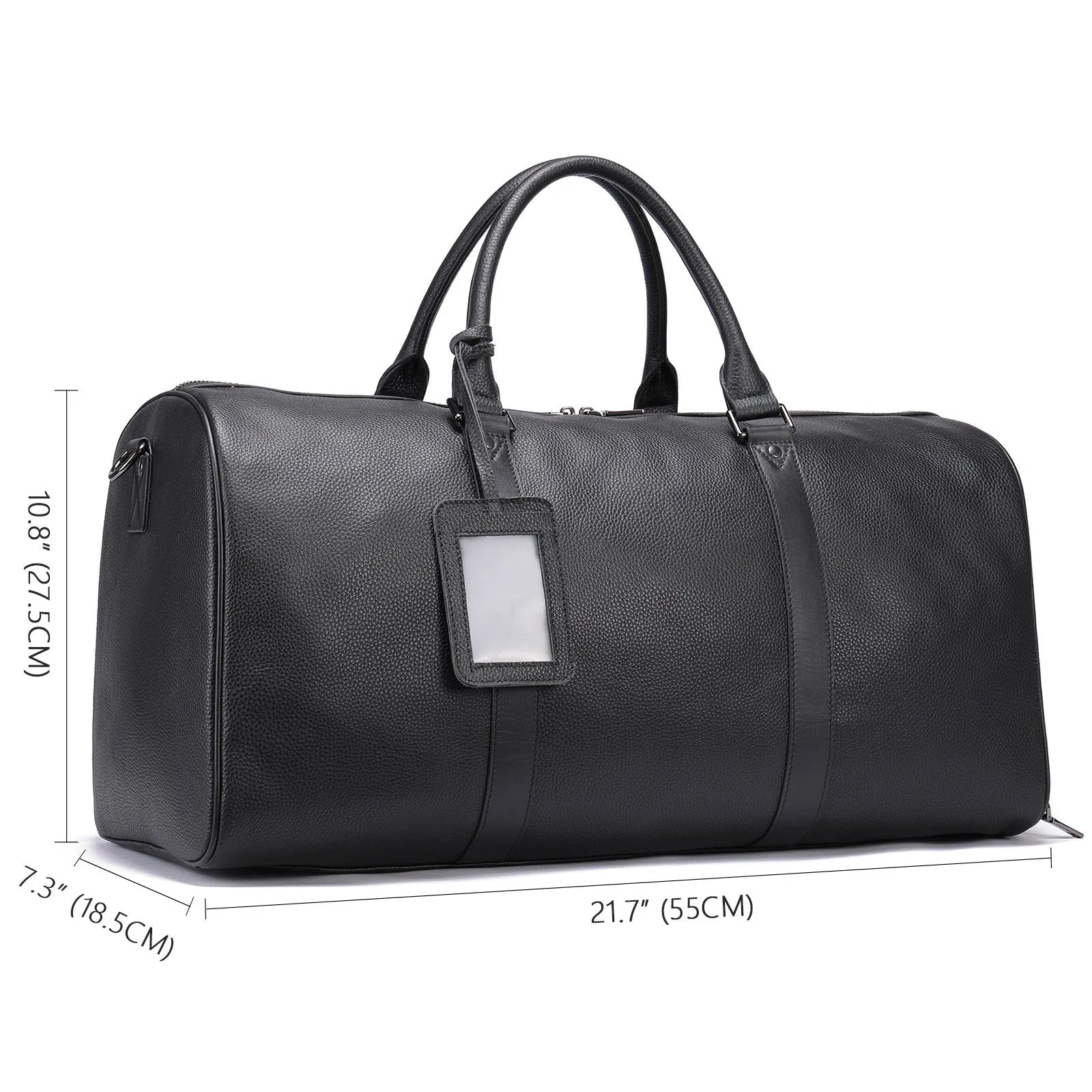 Men's black leather excursion tote bag with single shoulder strap shown at 55cm length