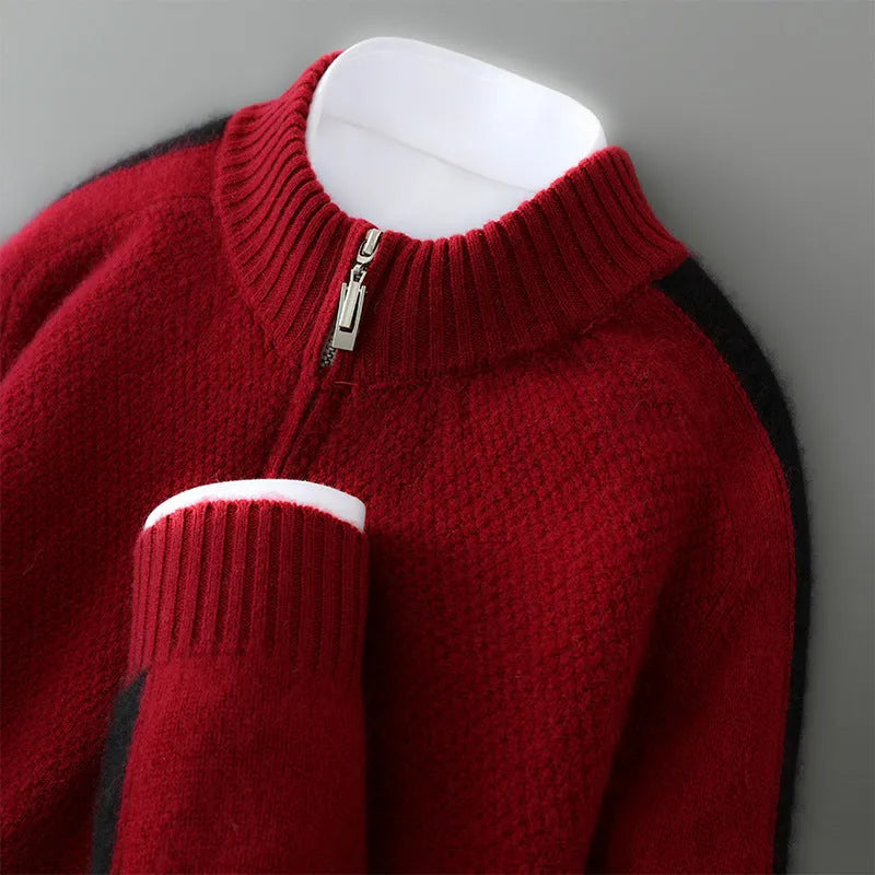 Sheep wool slim fit sweater with half-height zip in Raw Velvet Camel colour on hanger