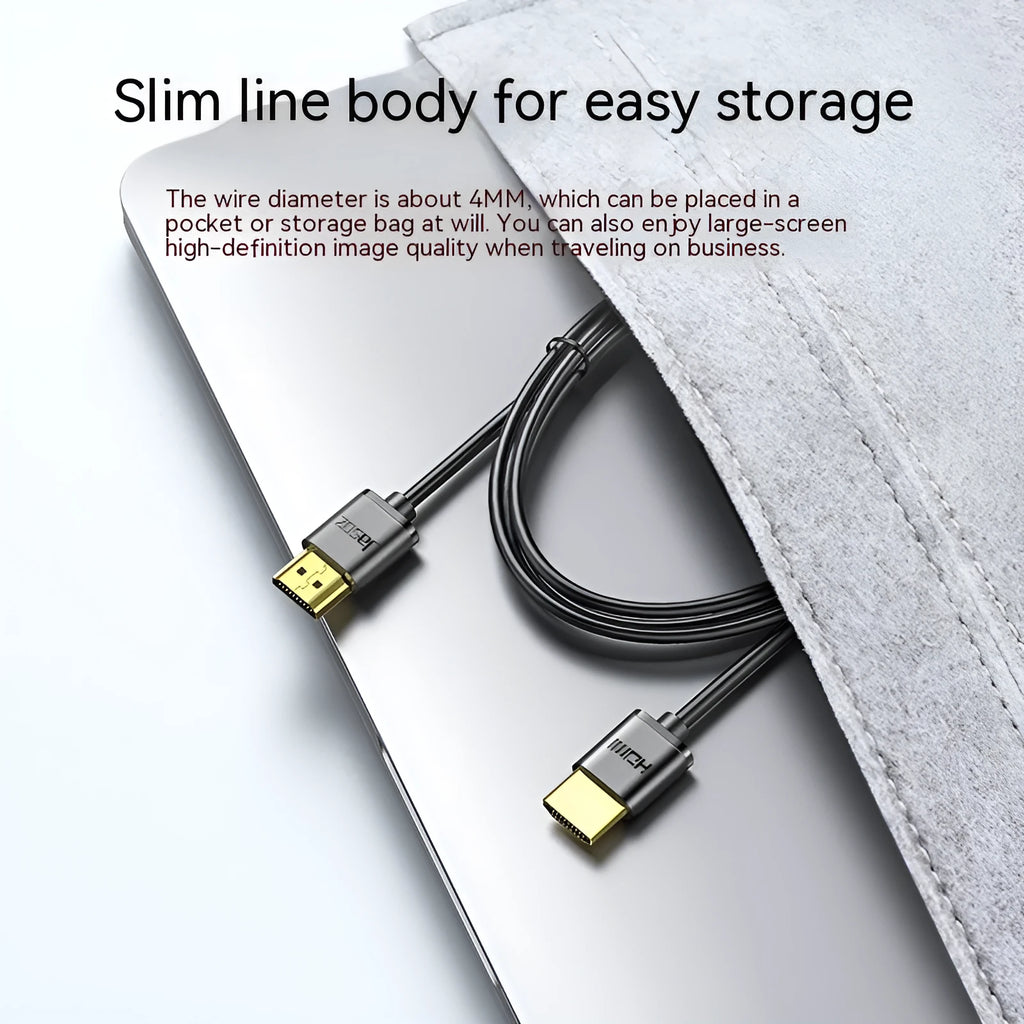 Gold-plated HDMI computer connection cable with thin, flexible black cord.