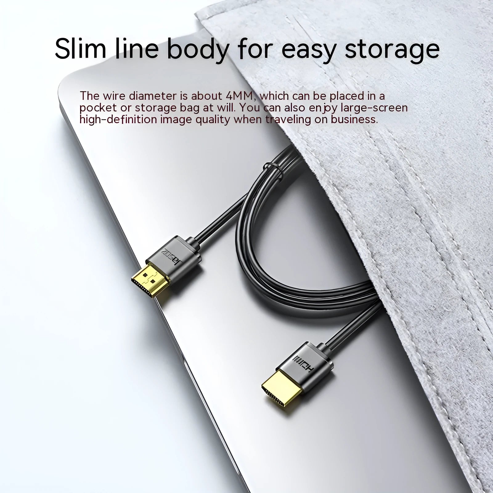 Gold-plated HDMI computer connection cable with thin, flexible black cord.