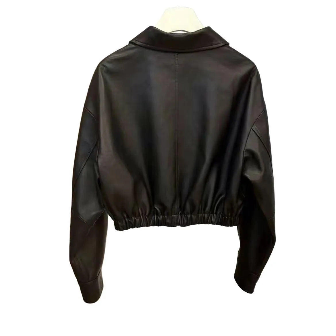 Black womens imitation leather square-neck zip jacket with princess sleeves