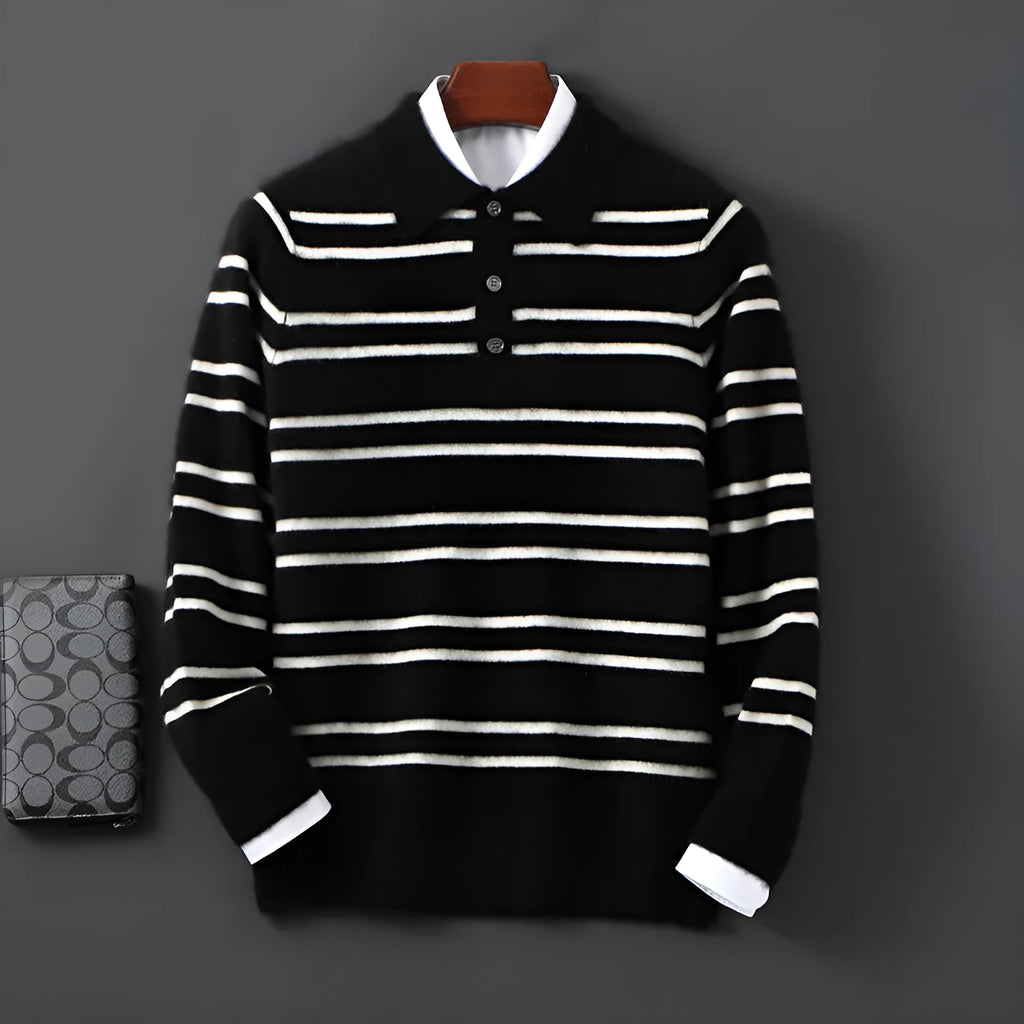 Lapel pure wool striped half button pullover sweater in camel colour on a model