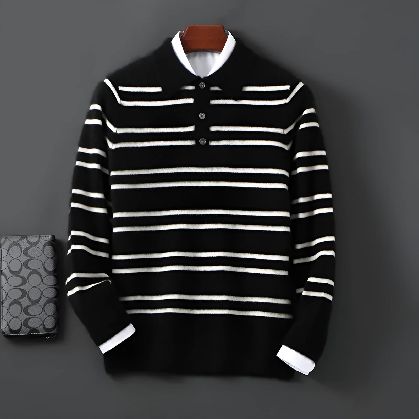Lapel pure wool striped half button pullover sweater in camel colour on a model