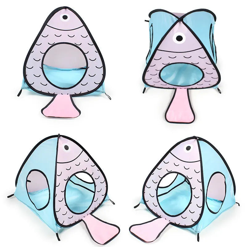 Foldable pet play tunnel with cat and fish print design for small cats and puppies