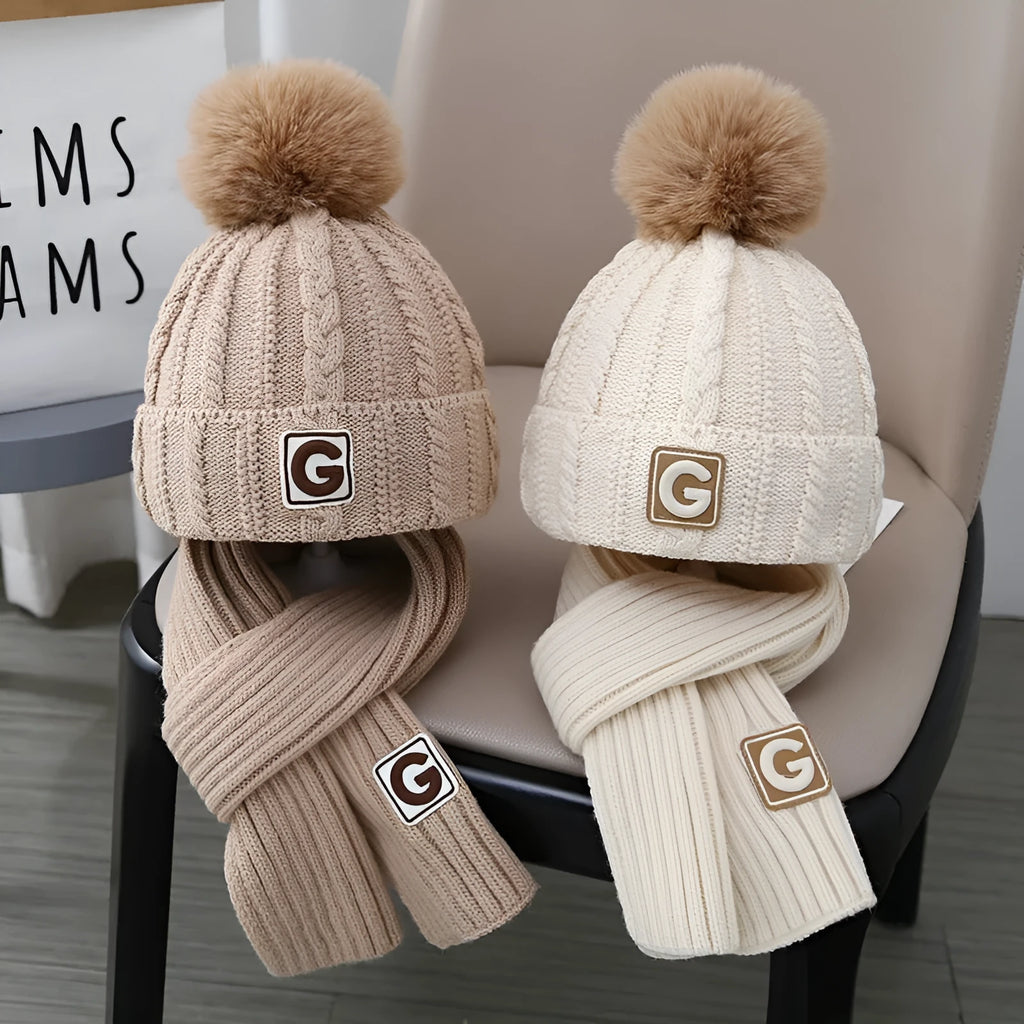 Boys' knitted fleece-lined hat and scarf set with no-top hat for babies 0-6 months