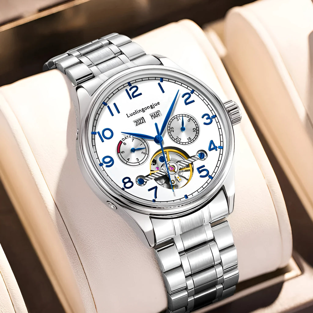 Men's stainless steel mechanical watch with sapphire crystal and leather strap for business wear
