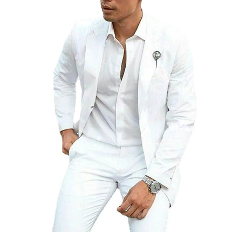 Men's white two-piece slim fit suit made of cotton and acetate fibre for wedding groomsman use