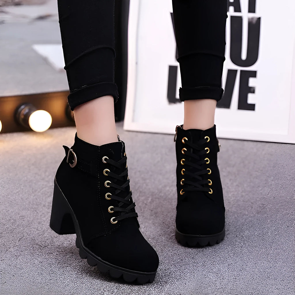 Cross strappy Martin booties with artificial PU suede upper in black, side view