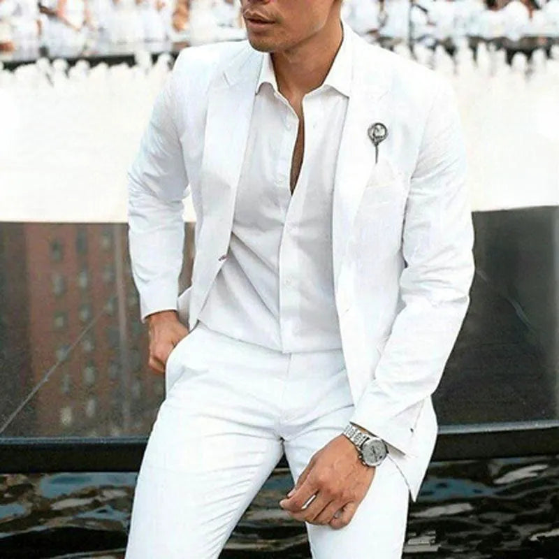 Men's white two-piece slim fit suit made of cotton and acetate fibre for wedding groomsman use