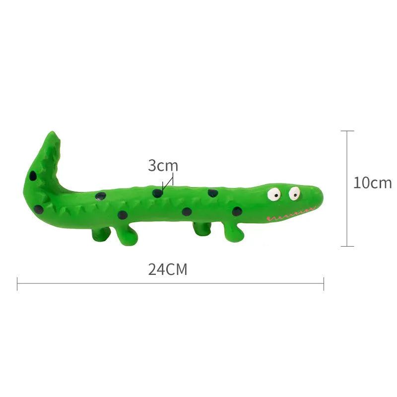 Green lizard-shaped squeaky dog chew toy with cartoon design for aggressive chewers