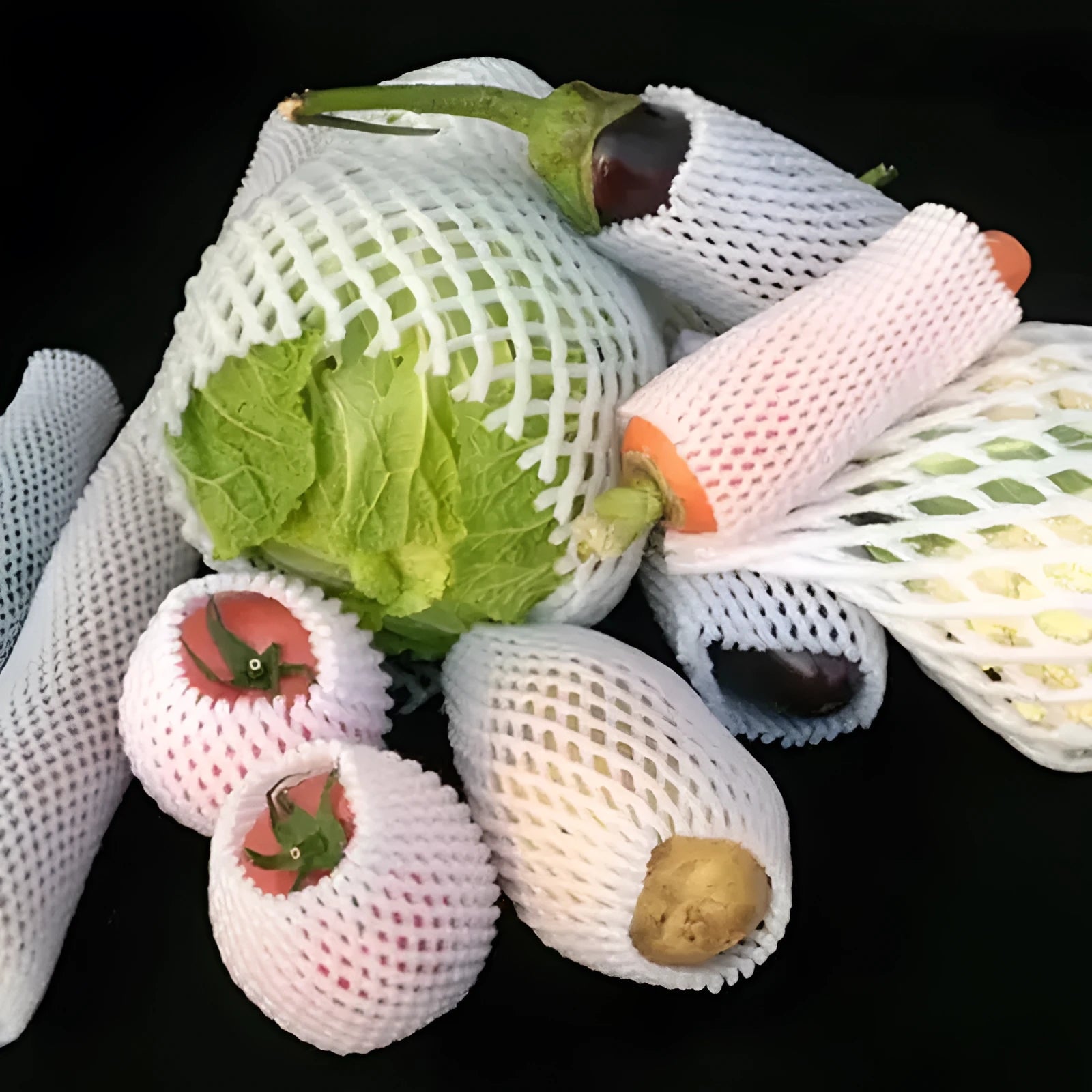 White foam fruit net cover protective case showing shockproof material and multiple size options