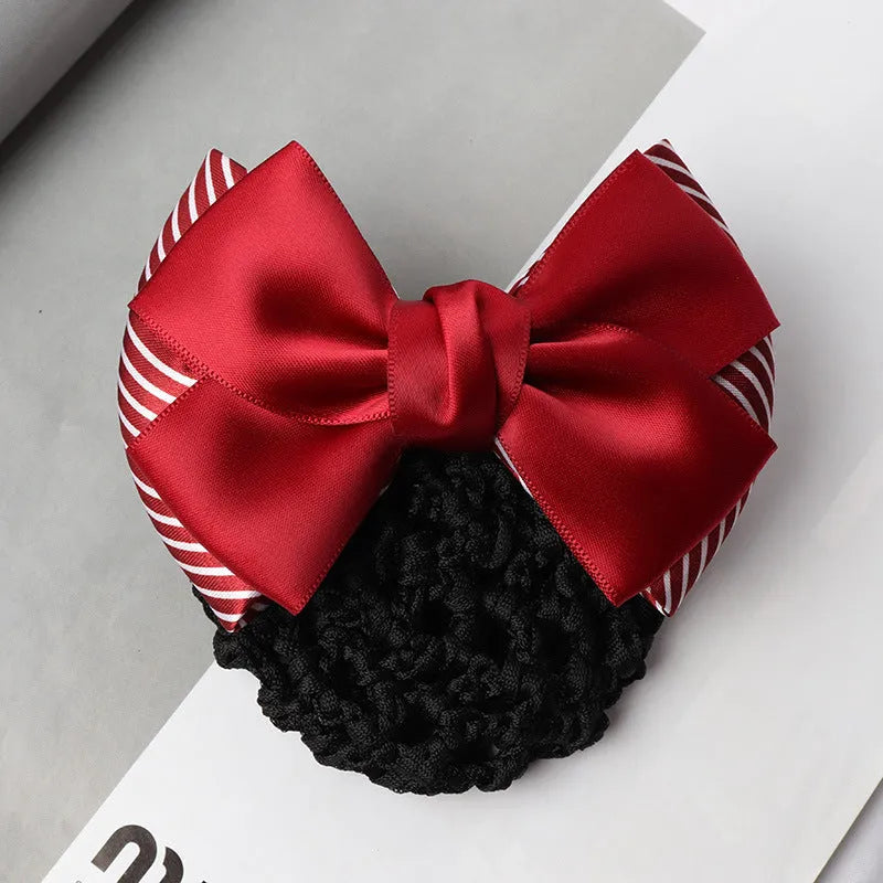 Professional waitress hair net with double bow clip in various colours including black, red, and blue mesh