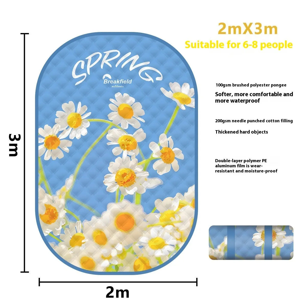 Waterproof picnic mat in brushed fabric with moisture-proof backing for outdoor use