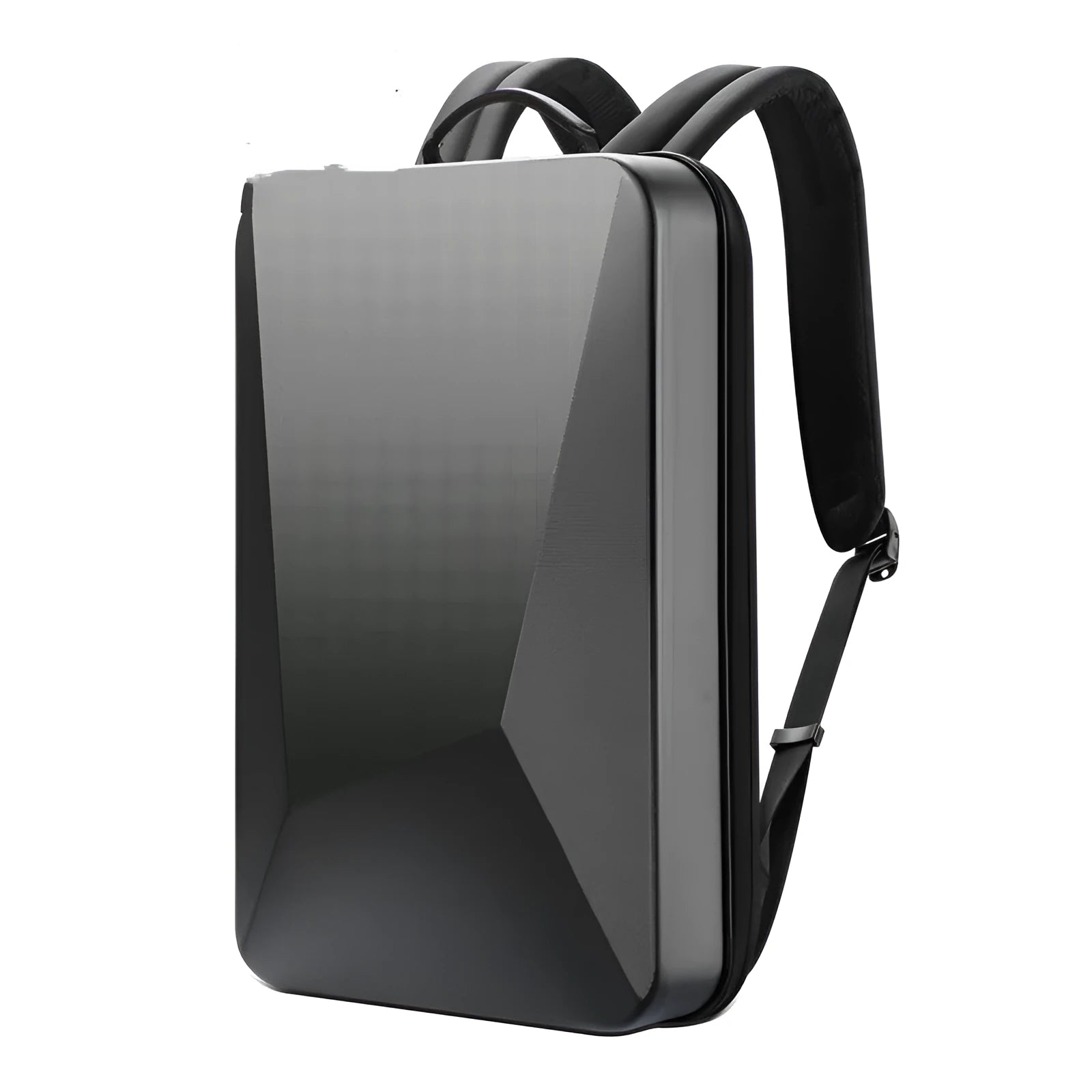 Large black PC hard shell gaming backpack with dual shoulder straps and a lock closure.