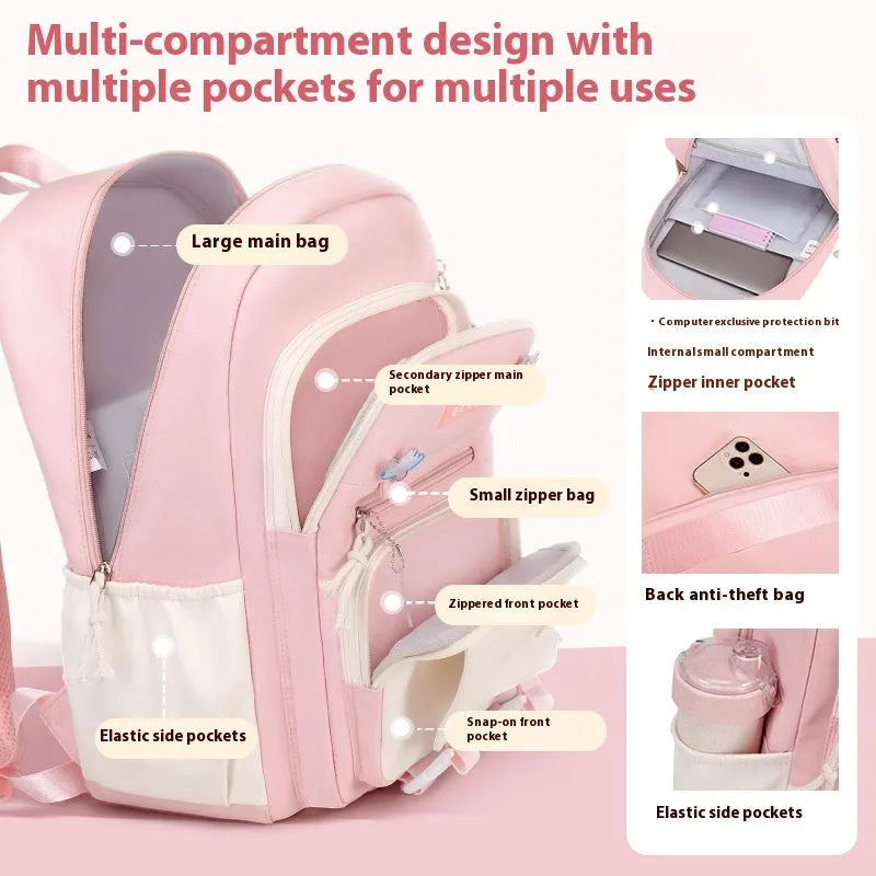 Girls waterproof Oxford cloth school backpack with curved straps and spine protection in solid colours for grade 5-6 students