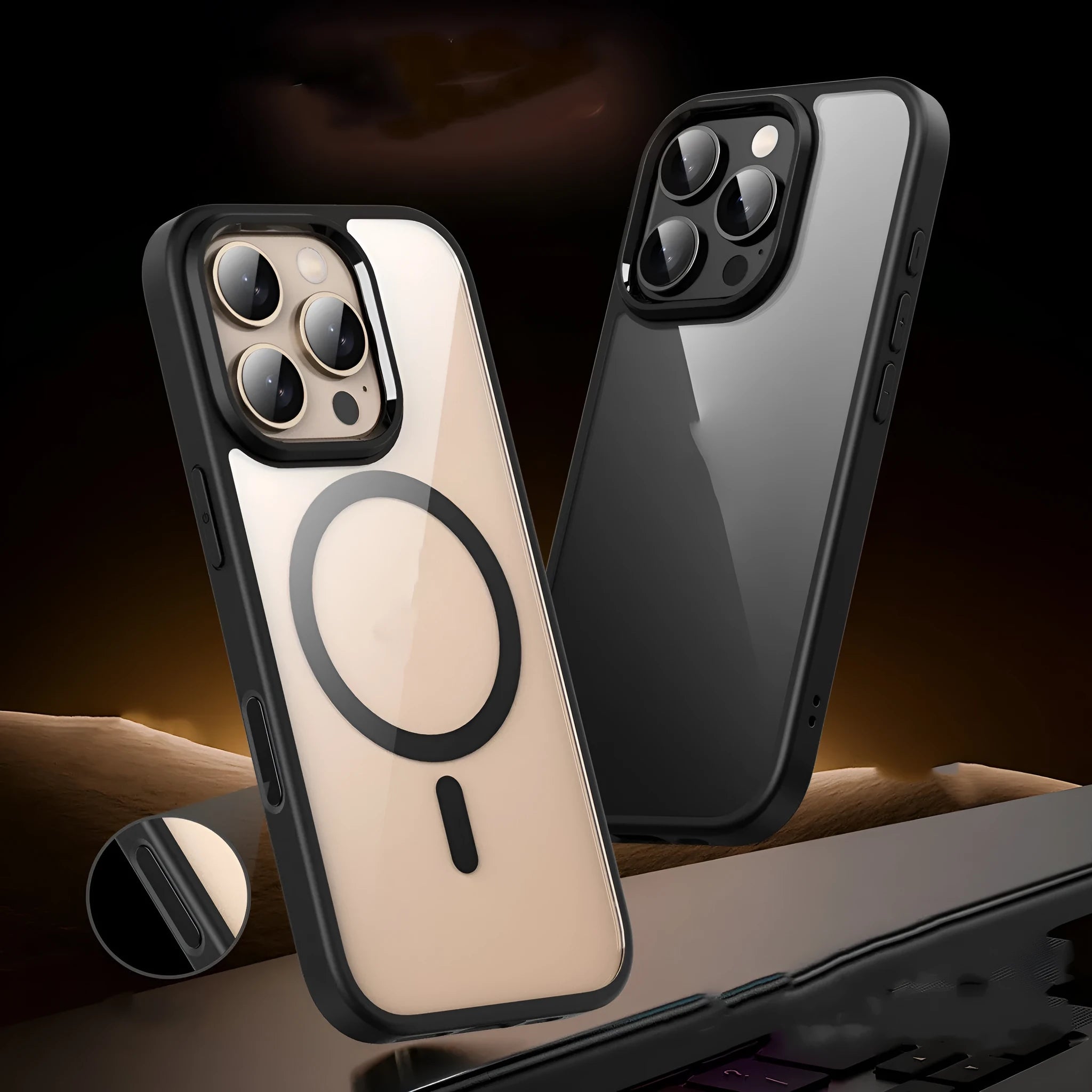 Transparent magnetic phone case for iPhone 16 showing MagSafe compatibility and airbag protection elements