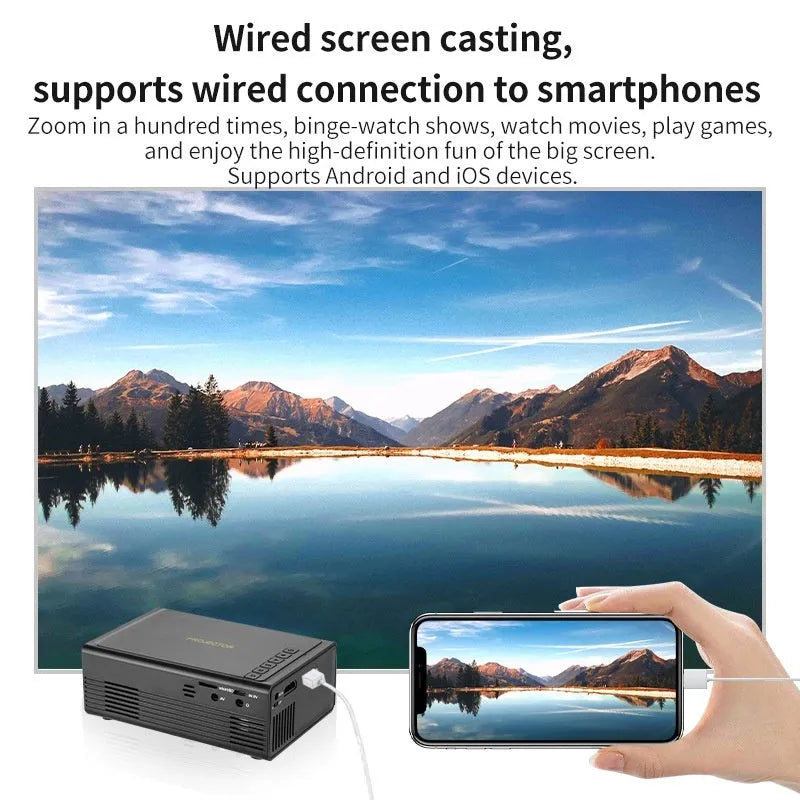 Portable mini projector in black or white with wired mobile phone connection capability