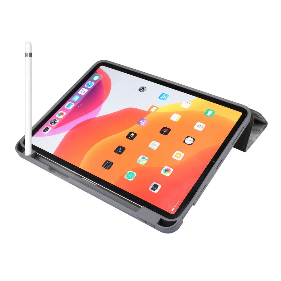 Tri-fold marbling imitation leather iPad case with a stylus pen slot in dark grey