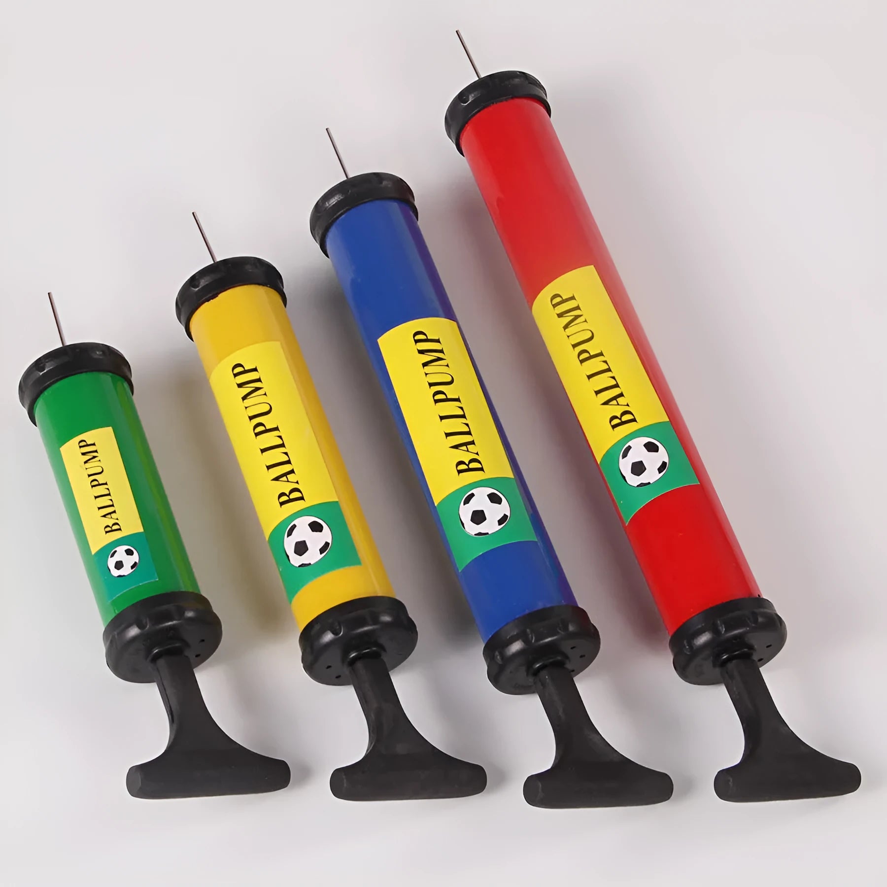 Manual plastic hand pump for balls and balloons in mixed colours showing four size options