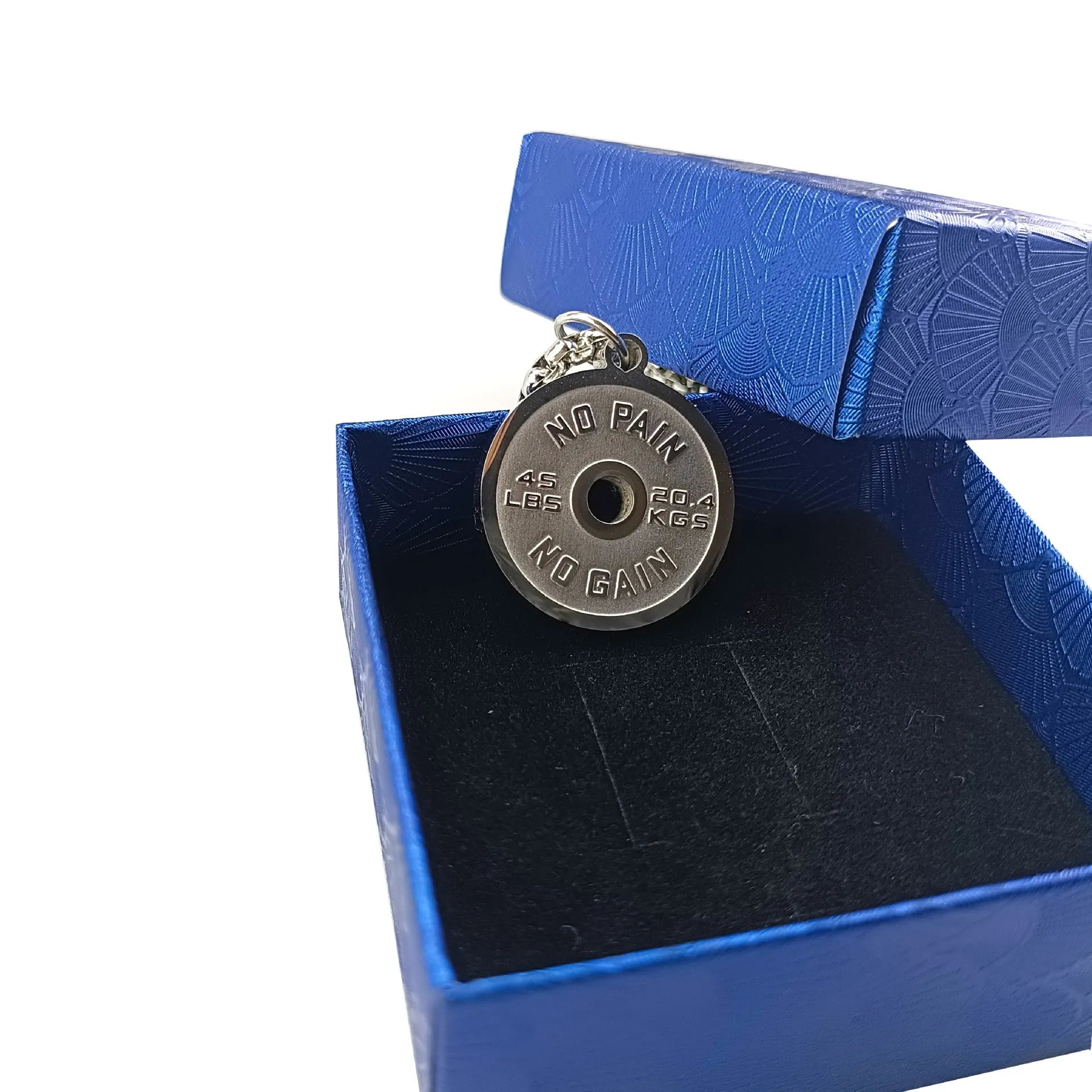 Stainless steel barbell disk pendant necklace on 60cm chain with geometric weightlifting design